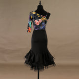 One Sleeve Floral & Black Rhythm / Latin Ballroom Dance Dress