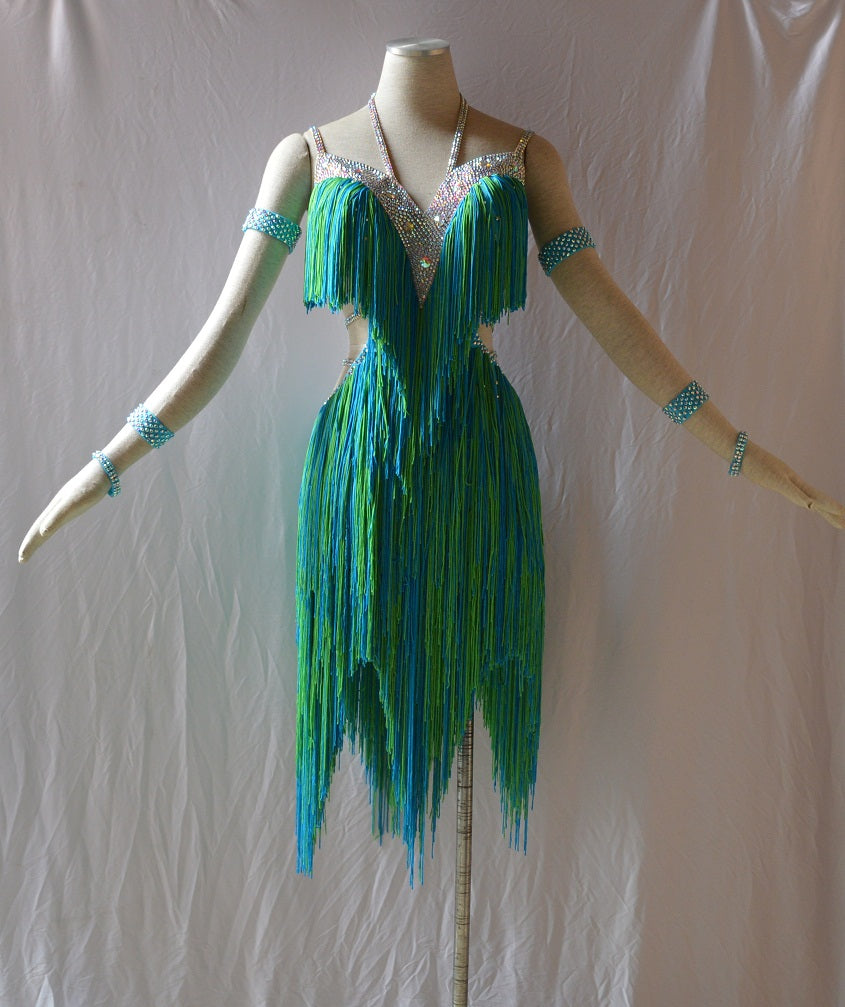 Blue Green Rhinestone Fringe Rhythm & Latin Ballroom Dance Dress