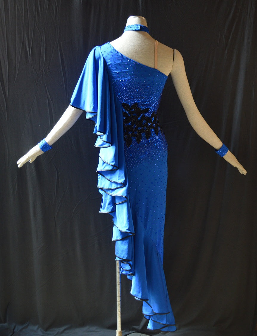 Blue Cascade Side Drape Latin & Rhythm Ballroom Dance Dress