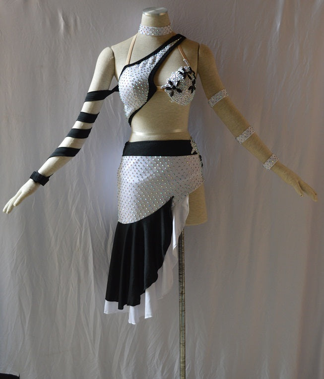 Black and White Asymmetric Rhythm & Latin Ballroom Dance Dress