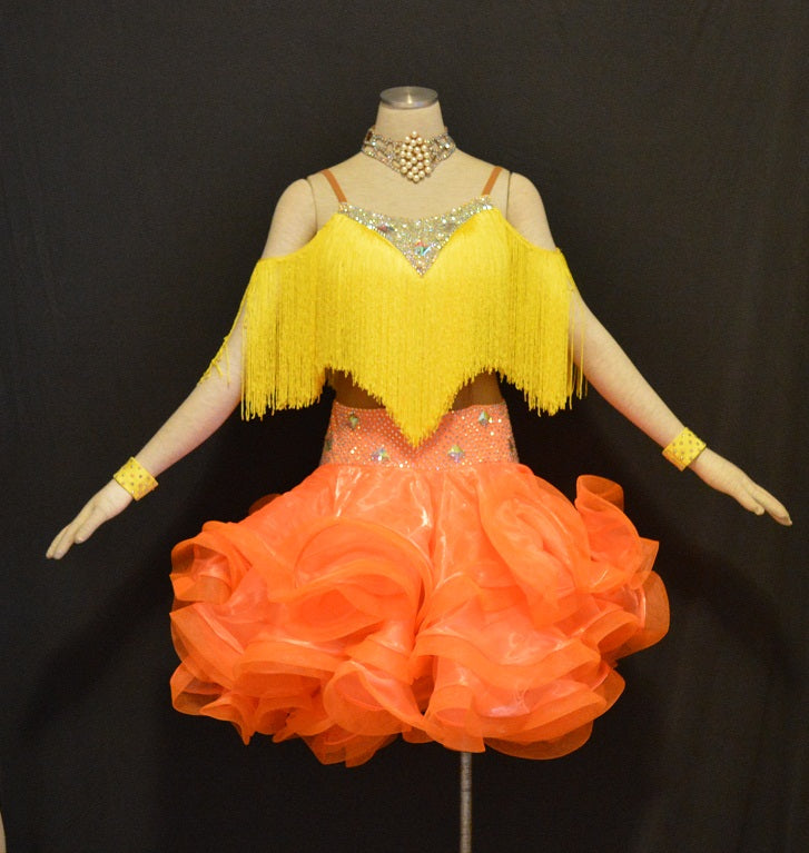 Flouncy Fringe Yellow and Orange Latin & Rhythm Ballroom Dance Dress