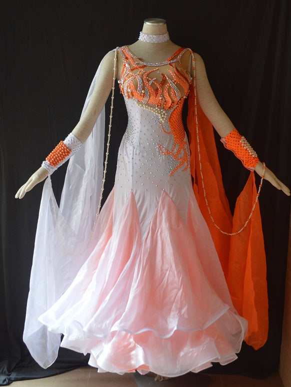 Orange & White "Flames" International Standard Ballroom Dance Dress