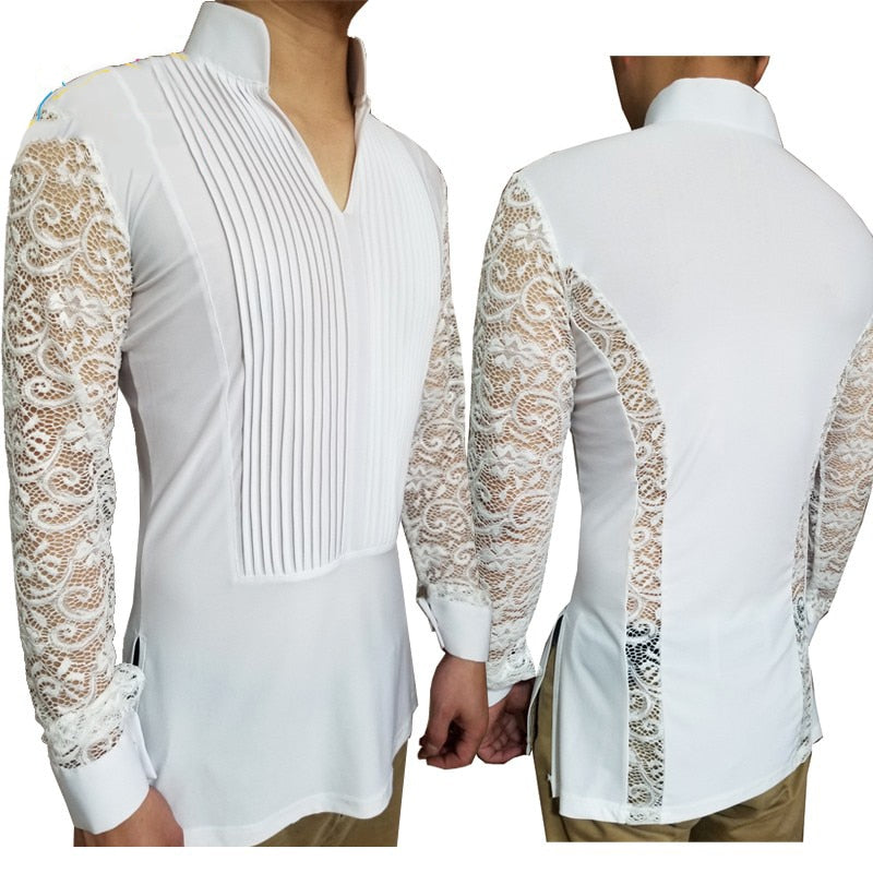 Mandarin Collar Lace Sleeved Rhythm and Latin Ballroom Dance Shirt