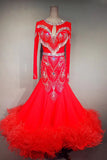 Bright Red Rhinestone & Feather International Standard Ballroom Dance Dress