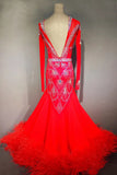 Bright Red Rhinestone & Feather International Standard Ballroom Dance Dress